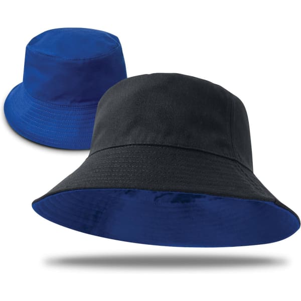 A reversible bucket hat featuring black and blue colours with a simple design and logo.