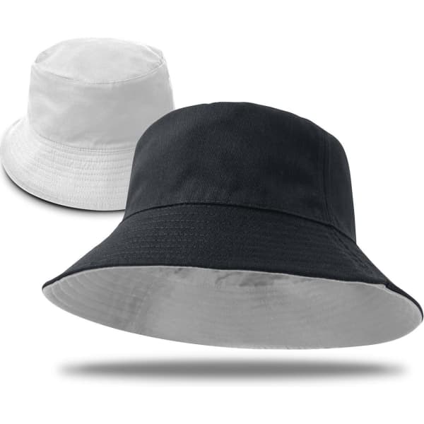 A reversible bucket hat featuring black on one side and white on the other, with a branded logo.