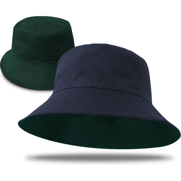 A reversible bucket hat featuring a dark green side and a navy blue side, with a simple design and a logo.