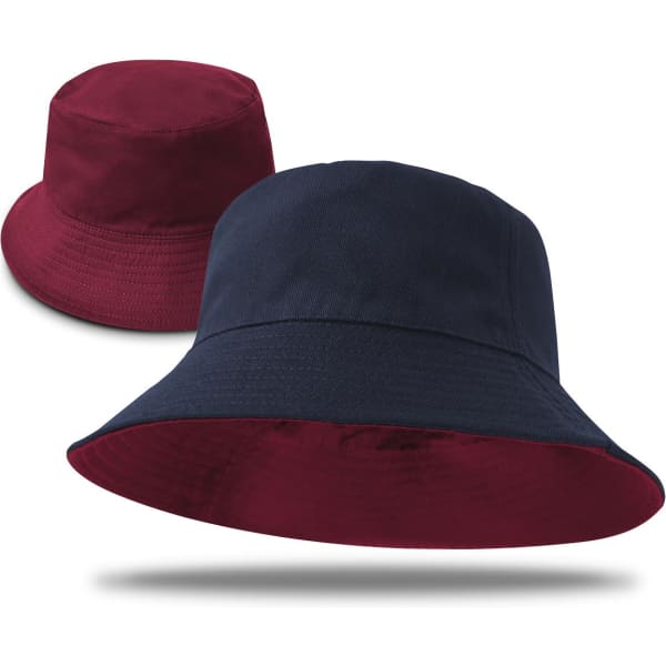 A reversible bucket hat featuring a navy exterior and a burgundy interior, with a logo present.