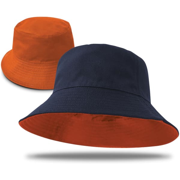 A reversible bucket hat featuring navy on one side and orange on the other, with a logo displayed.