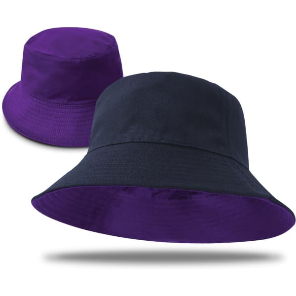 A reversible bucket hat in purple and black, featuring a simple design and a logo.