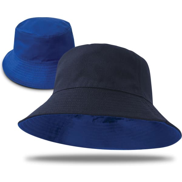 A reversible bucket hat in navy and bright blue, featuring a logo on one side.