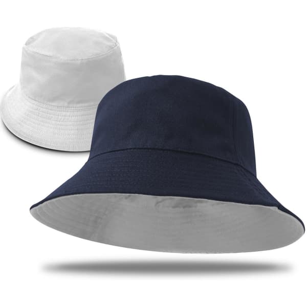 A reversible bucket hat in navy and white, featuring a simple design and logo on the band.