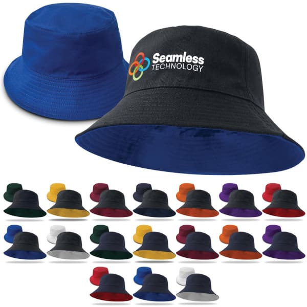 A reversible bucket hat in blue and black, featuring a logo, available in various colours.