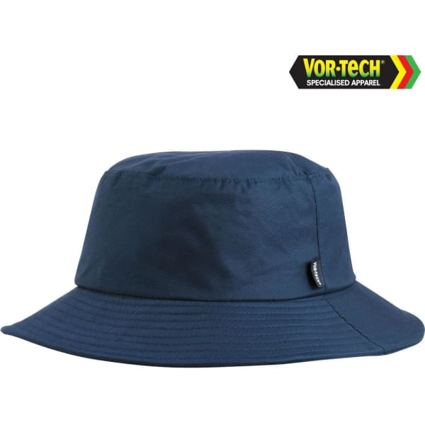 A navy bucket hat with a wide brim, featuring a logo on the side. Ideal for headwear collection.