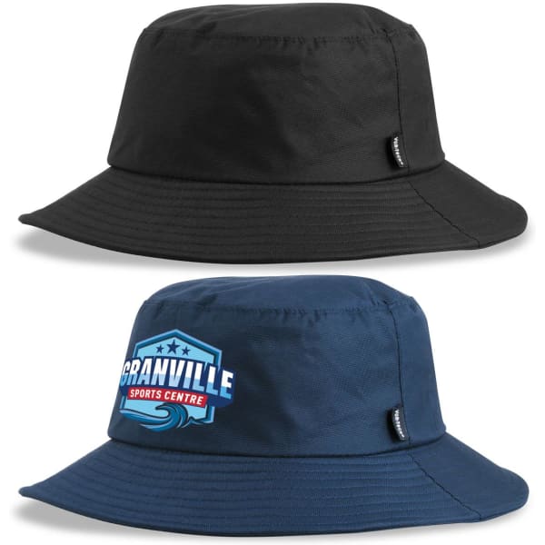 A black and navy blue Vortech Bucket Hat with a logo on the navy version. Two styles are displayed.