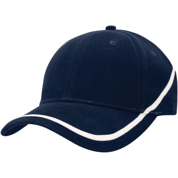 A navy cap with a white trim and a curved brim, featuring a logo on the front.