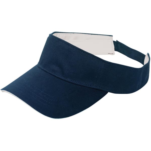 A navy blue visor with a wide brim and an adjustable strap at the back, featuring a logo.