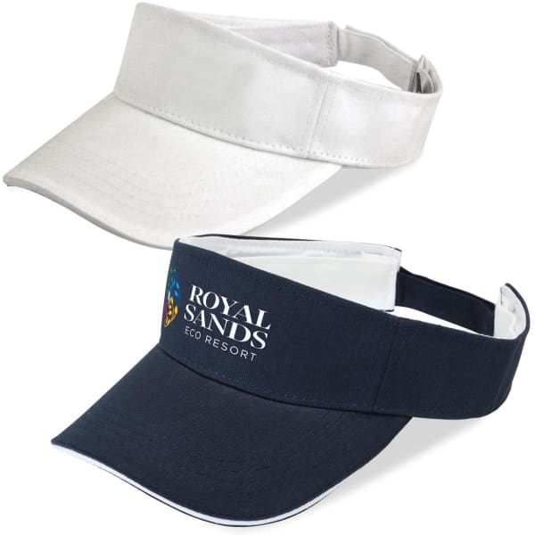 Two visors in white and navy, featuring a logo on the navy visor. Suitable for headwear.