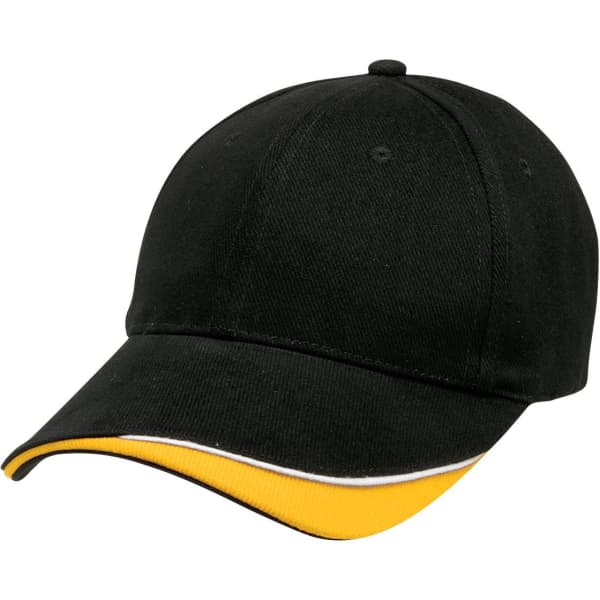 A black cap with a yellow accent on the brim and an embroidered logo on the front.
