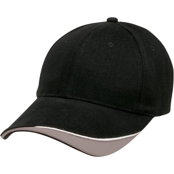 A black cap with a curved brim and a contrasting trim. It has a logo on the front.