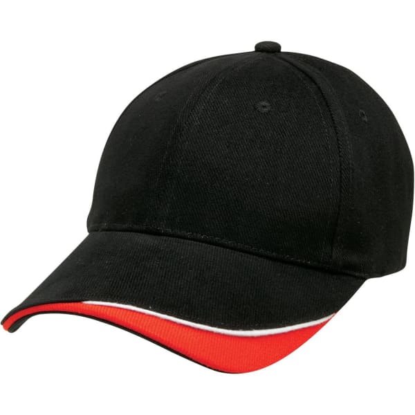 A black cap with a red and white accent on the visor, featuring a logo on the front.