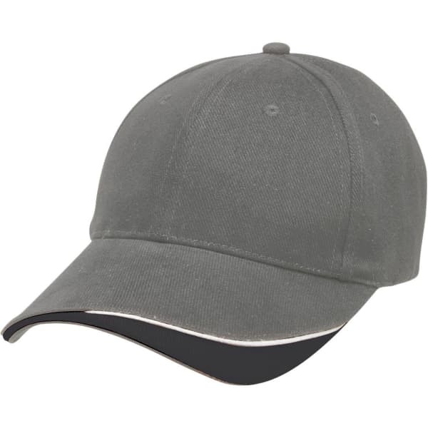 A grey cap with a black visor and a logo on the front. Ideal for casual wear and activities.