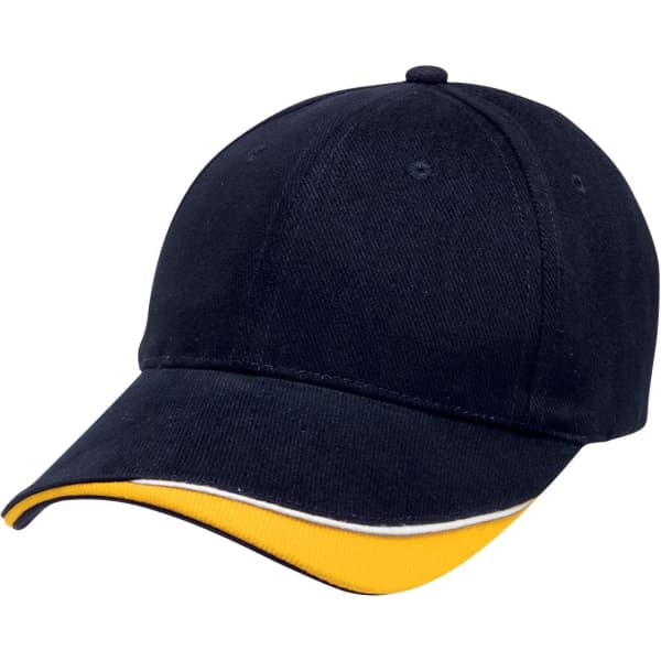 A navy cap with a yellow peak and trim, featuring a logo on the front.