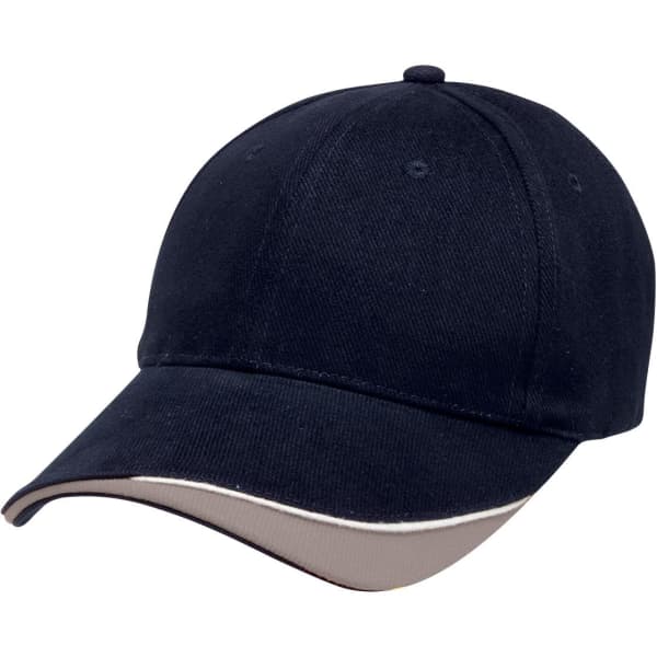 A navy blue cap with a tan underside and a logo on the front. The design features a classic baseball cap shape.