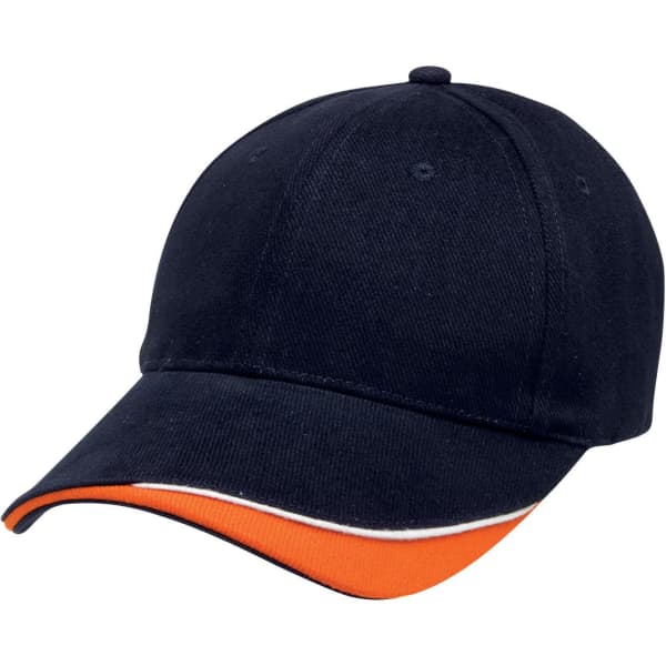 A navy cap with an orange and white accent along the brim. It features a branding logo.
