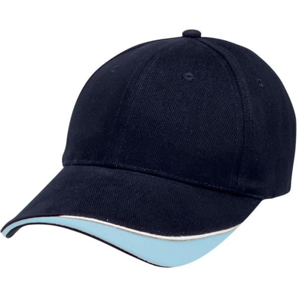 A navy cap with a light blue brim and trim, featuring a logo on the front.