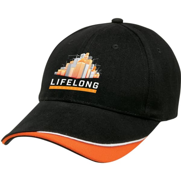A black cap with an orange brim and a logo featuring a city skyline.