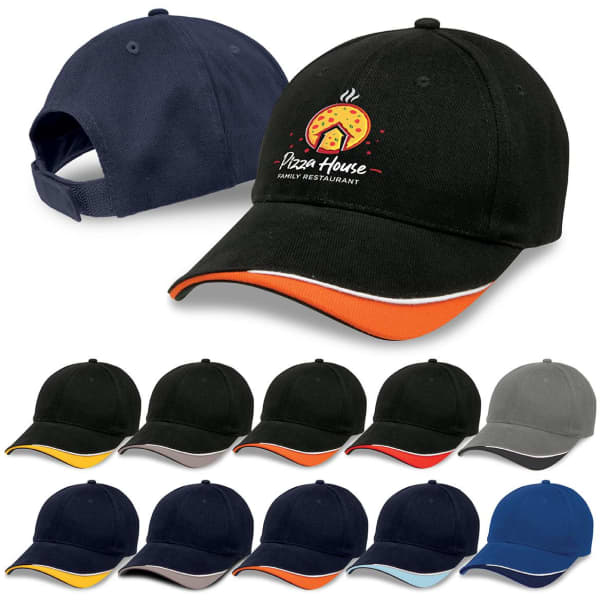 A collection of caps in various colours with contrasting brims, featuring a logo on the front of one cap.
