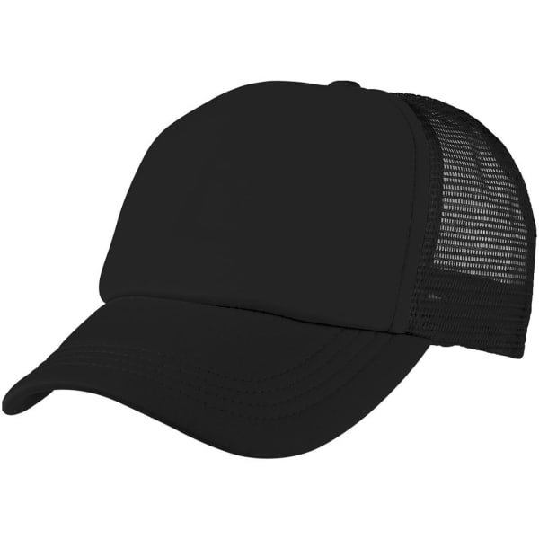 A black foam mesh trucker cap with a solid front and mesh sides, featuring a logo.