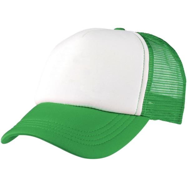 A green and white foam mesh trucker cap with a structured front and mesh sides, featuring a logo.
