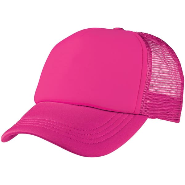 A bright pink foam mesh trucker cap featuring a solid front and mesh back. Includes a logo.