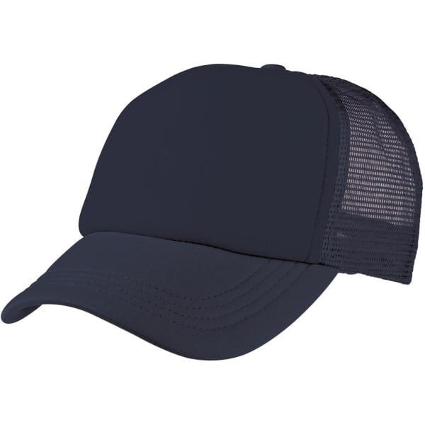 A navy foam mesh trucker cap featuring a solid front and breathable mesh sides, with a logo present.
