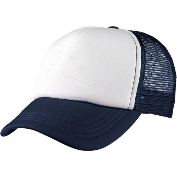 A foam mesh trucker cap featuring a white front and navy blue brim and mesh sides. It has a logo on the front.