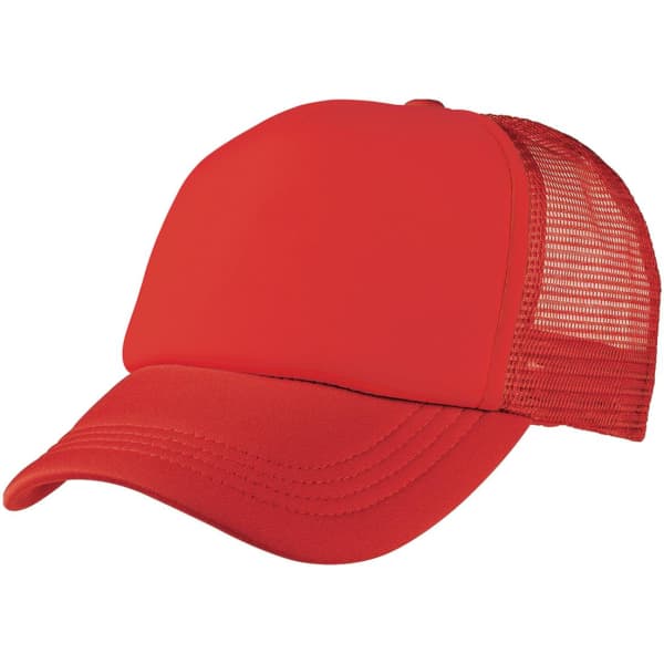 A red foam mesh trucker cap featuring a solid front and mesh back, complete with a logo.