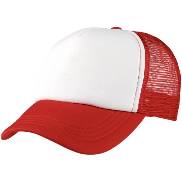 A red and white Foam Mesh Trucker cap with a mesh back and a front panel suitable for logos or branding.