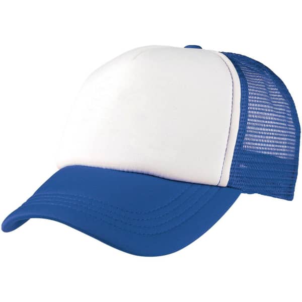 A blue and white Foam Mesh Trucker cap featuring a logo on the front and a mesh back.