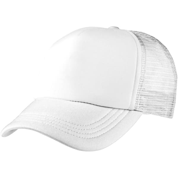A white foam mesh trucker cap featuring a solid front panel and a mesh back, ideal for headwear promotions.