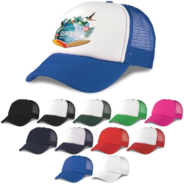 A trucker cap featuring a white front with a blue brim, surrounded by various colour options including black, red, and green.
