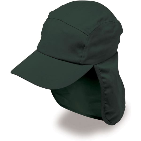 A dark green Poly Viscose Legionnaire hat with a wide brim and neck flap. It features a logo on the side.