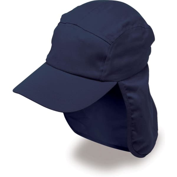 A navy blue Poly Viscose Legionnaire hat with a wide brim and neck flap, featuring a logo.