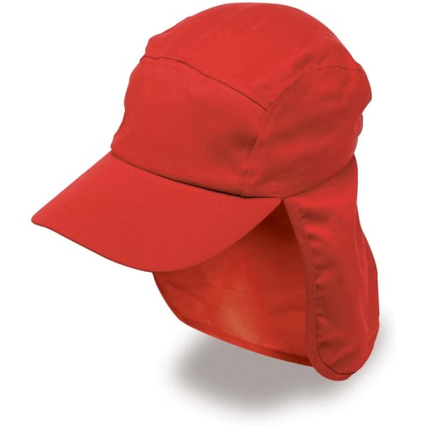 A red Poly Viscose Legionnaire hat featuring a wide peak and neck flap, with a logo on the side.