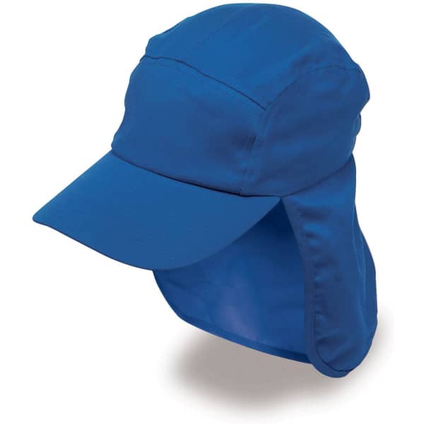 A blue Legionnaire hat featuring a broad brim and a protective neck flap, with a logo present.