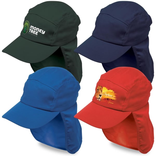 A collection of four headwear items in green, navy, red, and blue, featuring various designs and a logo.