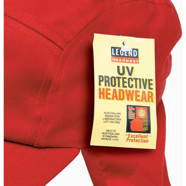 A red poly viscose legionnaire hat featuring a tag with UV protection information and a logo.