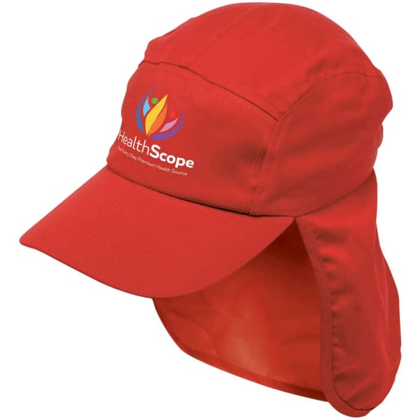 A red Legionnaire hat featuring a logo. It includes a wide brim and a flap for neck protection.