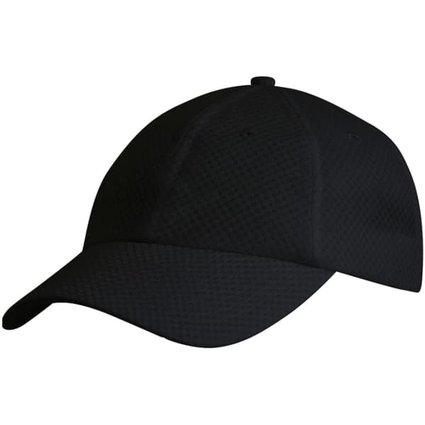 A black cap with a textured mesh design and a curved brim, featuring a logo on the front.
