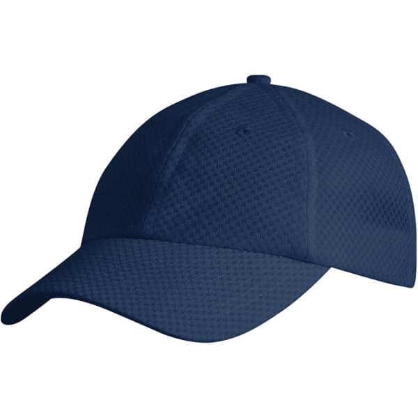 A navy blue cap with a mesh design and a branded logo on the front.