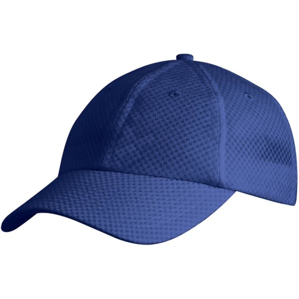A blue mesh cap with a curved brim, featuring ventilation panels and a logo.