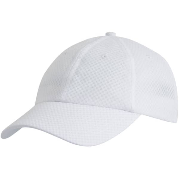 A white cap with a textured mesh design and a curved brim, featuring a logo on the front.