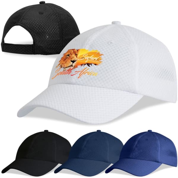 A white cap with a lion graphic and text, accompanied by black, navy, and another black cap in the background.