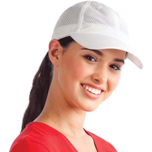 A white mesh sports cap worn by a woman with long hair, featuring a logo on the front.