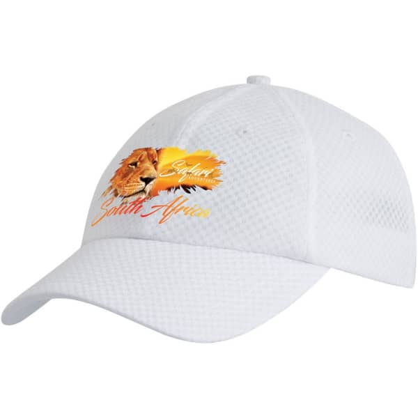 A white cap with a mesh design featuring a lion graphic and branding.
