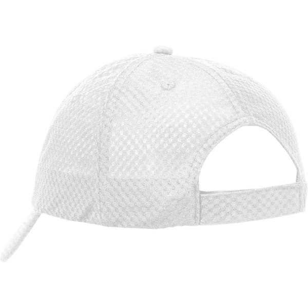 A white mesh cap with an adjustable strap at the back and a branding logo.