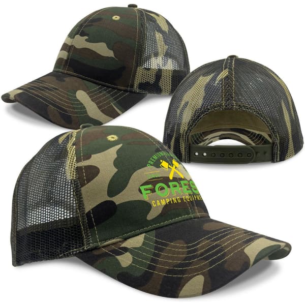 A camo trucker cap featuring a green logo, with a mesh back and a camouflaged pattern in shades of green and brown.